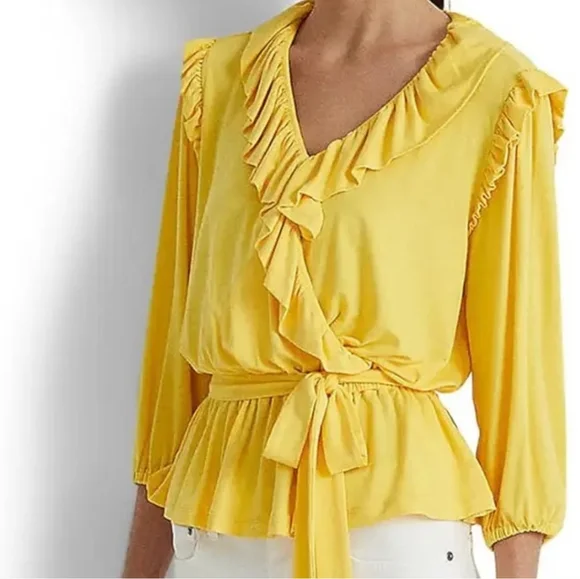 NWT Women's Lauren Ralph Lauren Belted Jersey Peplum Top - Picture 2 of 6